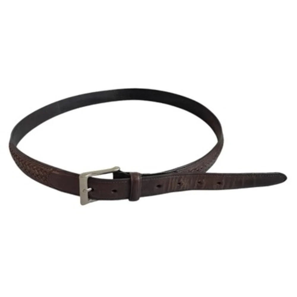 Mens Braid Weave Brown Genuine Cowhide Leather Silver Solid Square Buckle XL VG